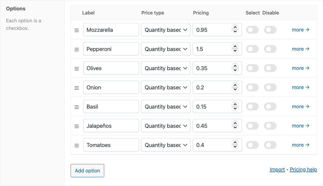 Pizza topping configuration in the WooCommerce backend