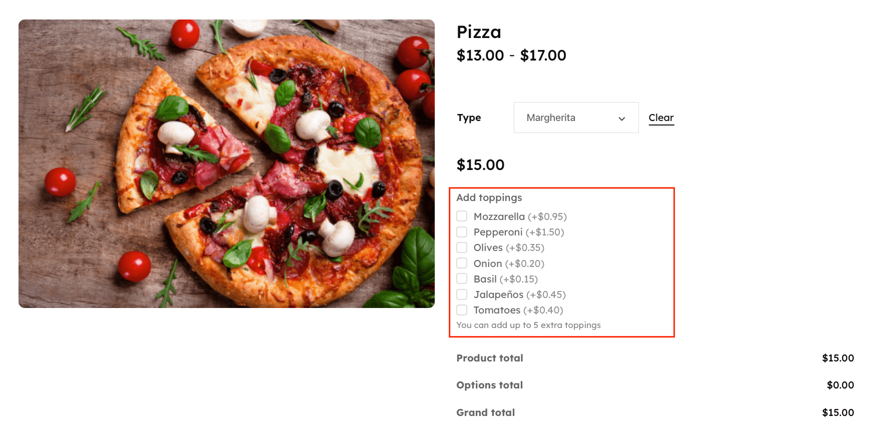 Example of a pizza with extra toppings in WooCommerce
