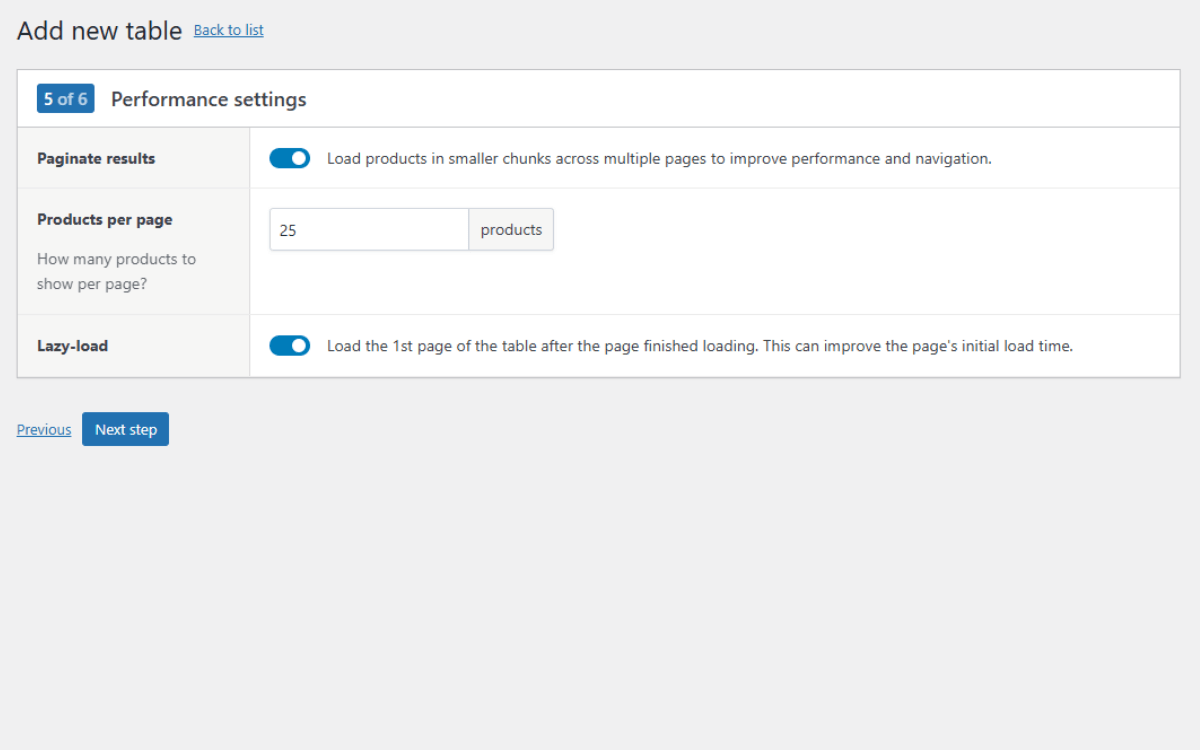 product table performance