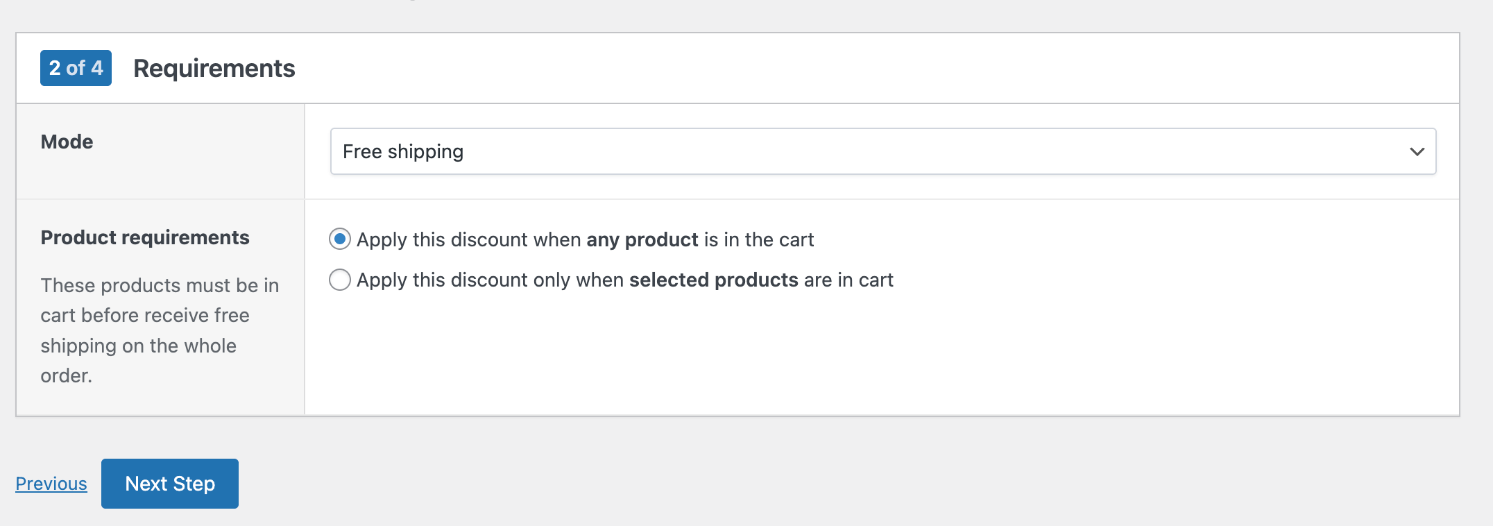Create a shipping discount in WooCommerce - step 2: product requirements