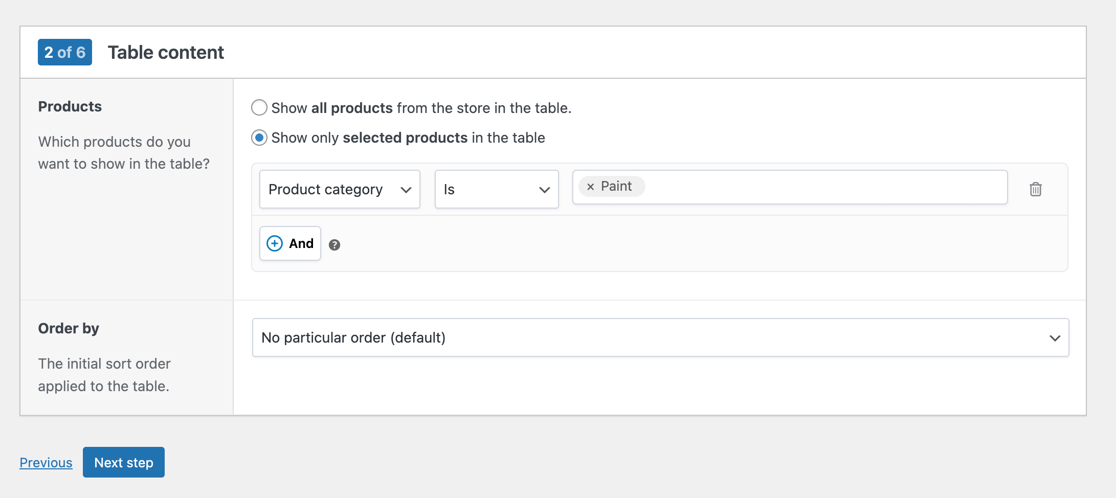 WooCommerce product table builder step 2: select which products to display in the table