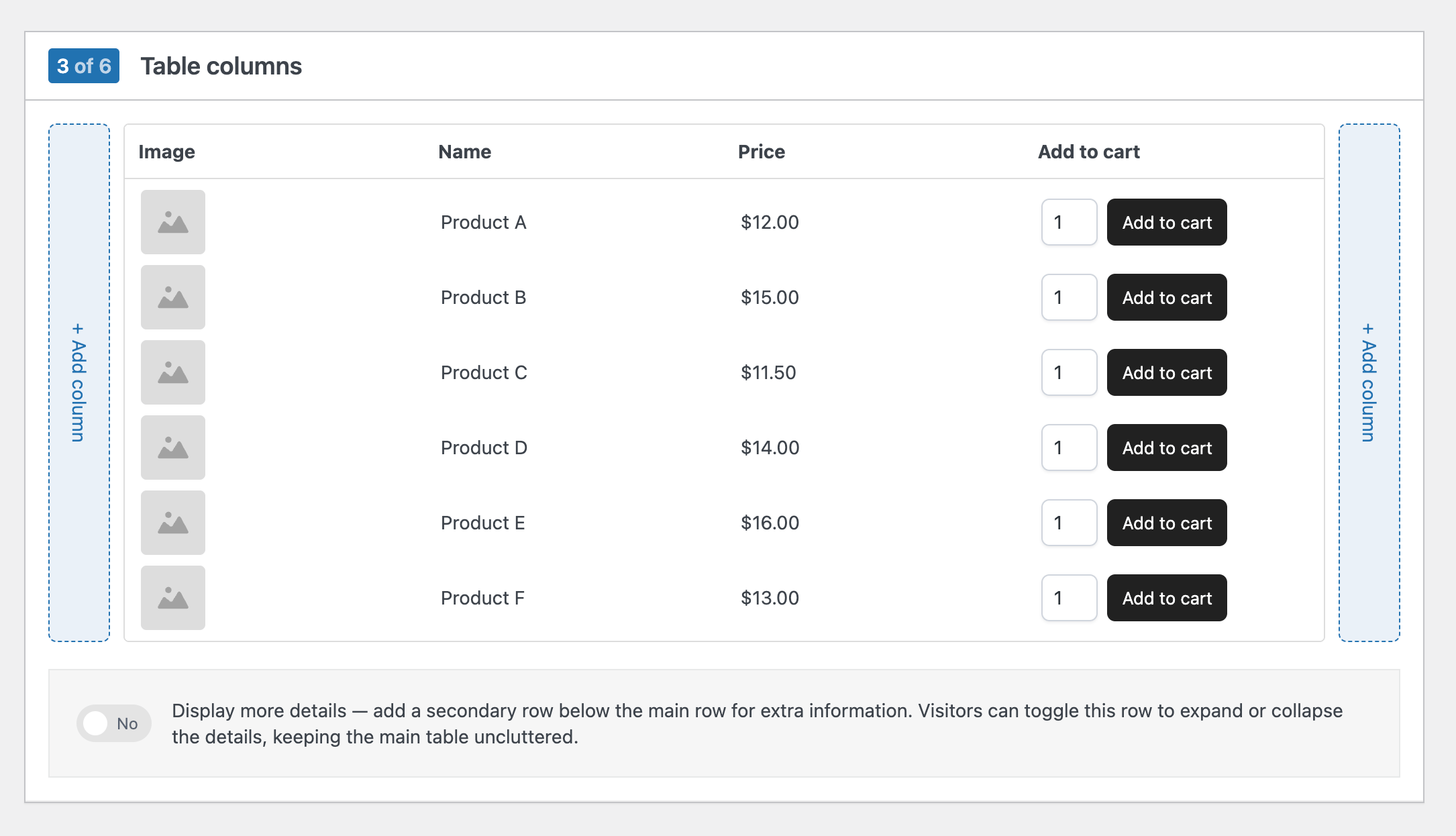 WooCommerce product table builder step 3: choose your table columns