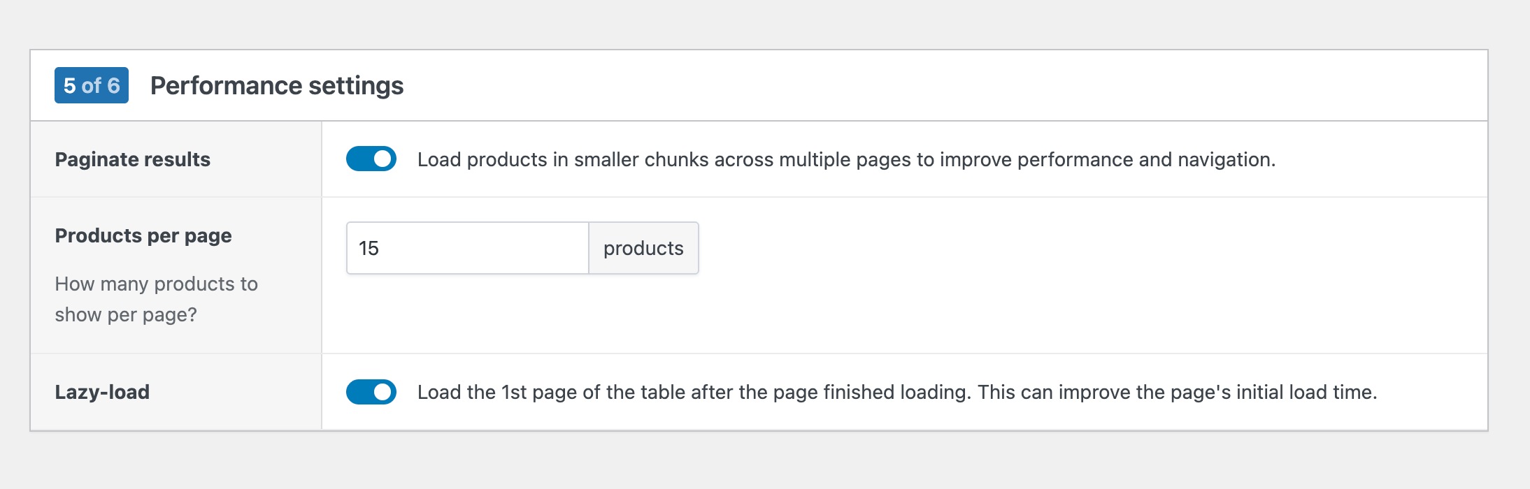 WooCommerce product table builder step 4: performance settings