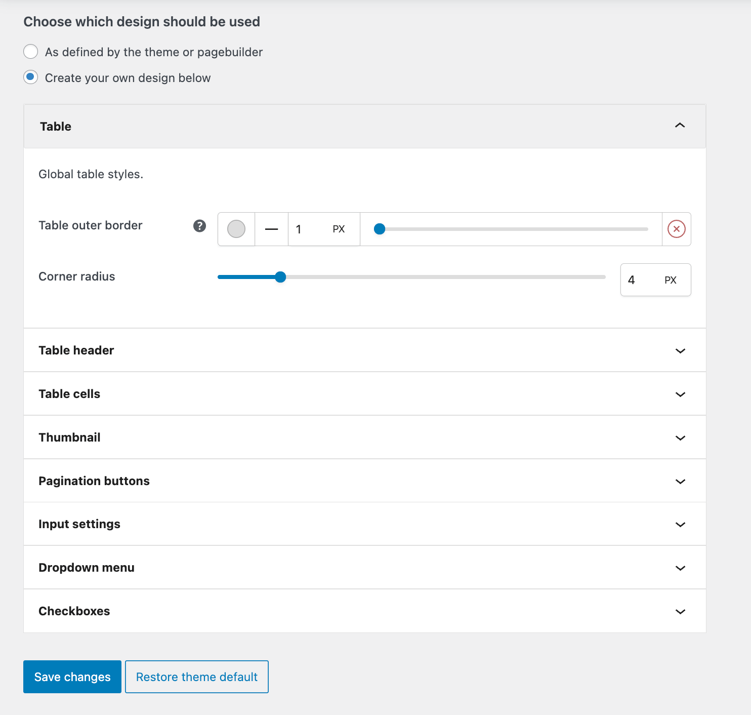 WooCommerce Product Tables design settings in the WP admin backend