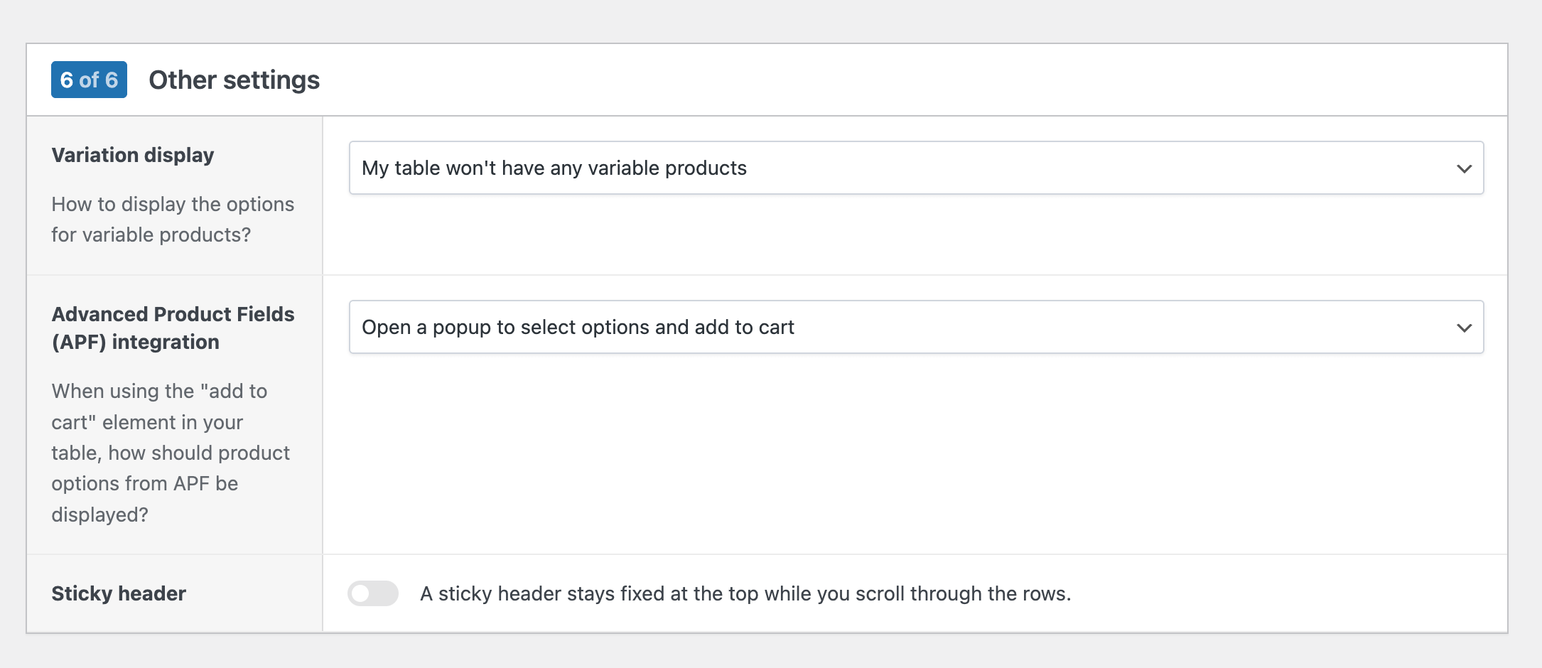 WooCommerce product table builder step 6: general settings
