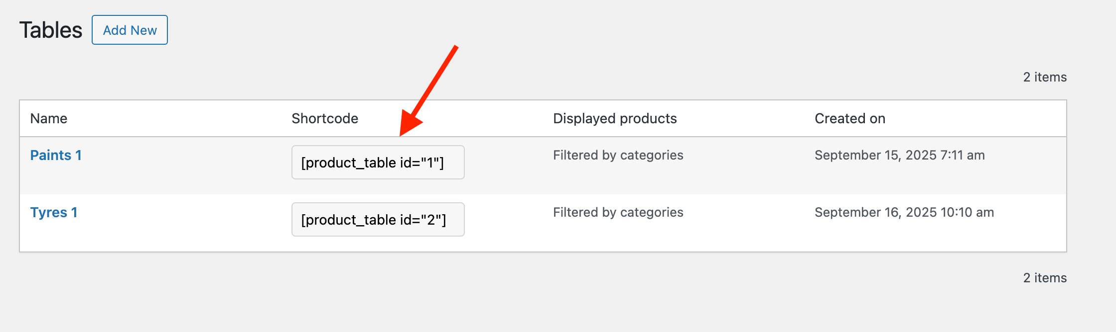 List of your tables in the WordPress admin