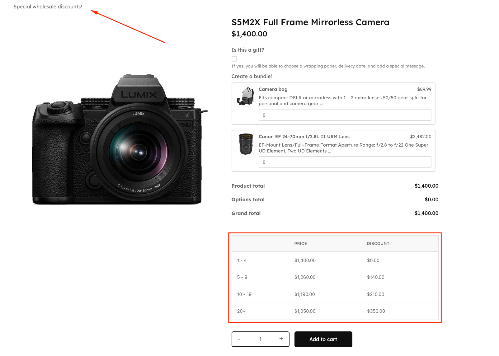 Tiered pricing table for wholesalers