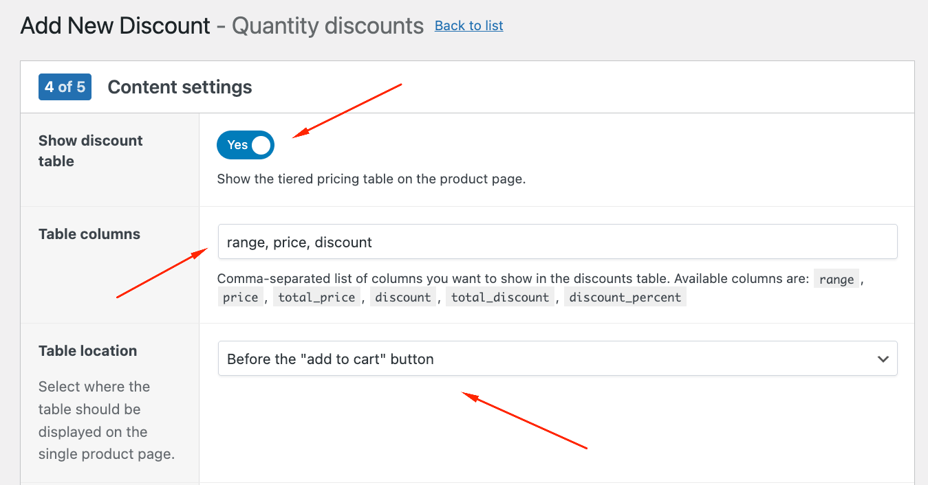 Adjusting the pricing table settings