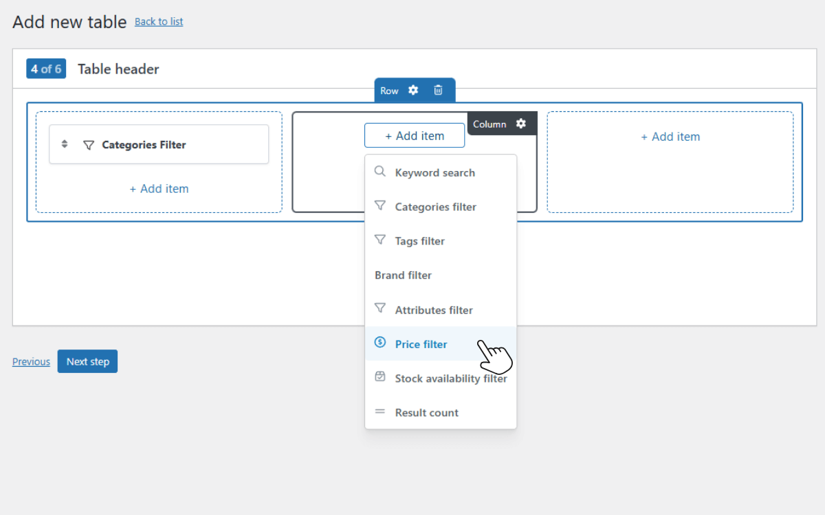 woocommerce product table filter layout