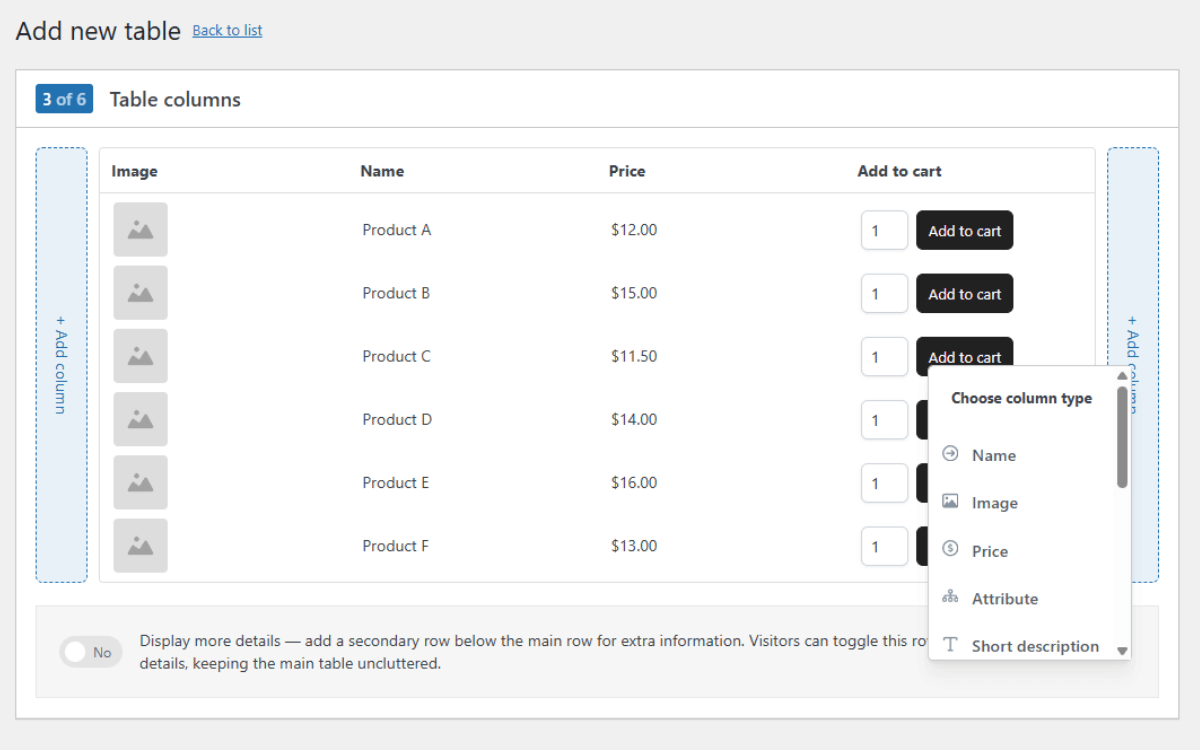woocommerce table columns