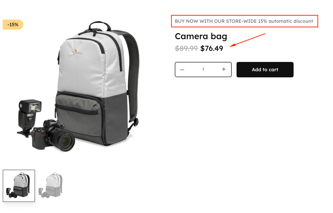 Example of a 15% discount with a strike through the old price and a message above the product title