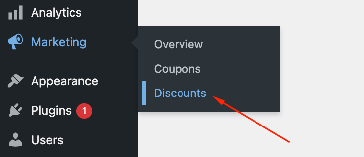 Select “Marketing” and then “Discounts” from the dropdown
