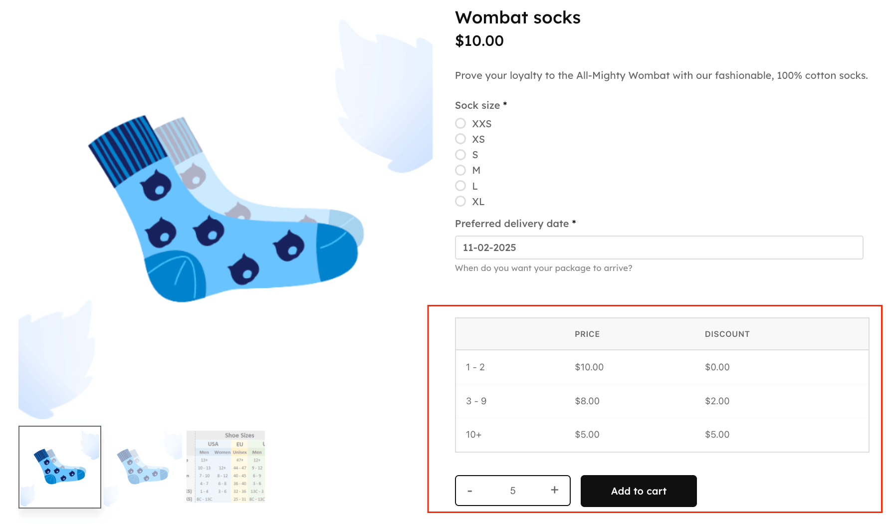 Example product with a tiered pricing table on the front end
