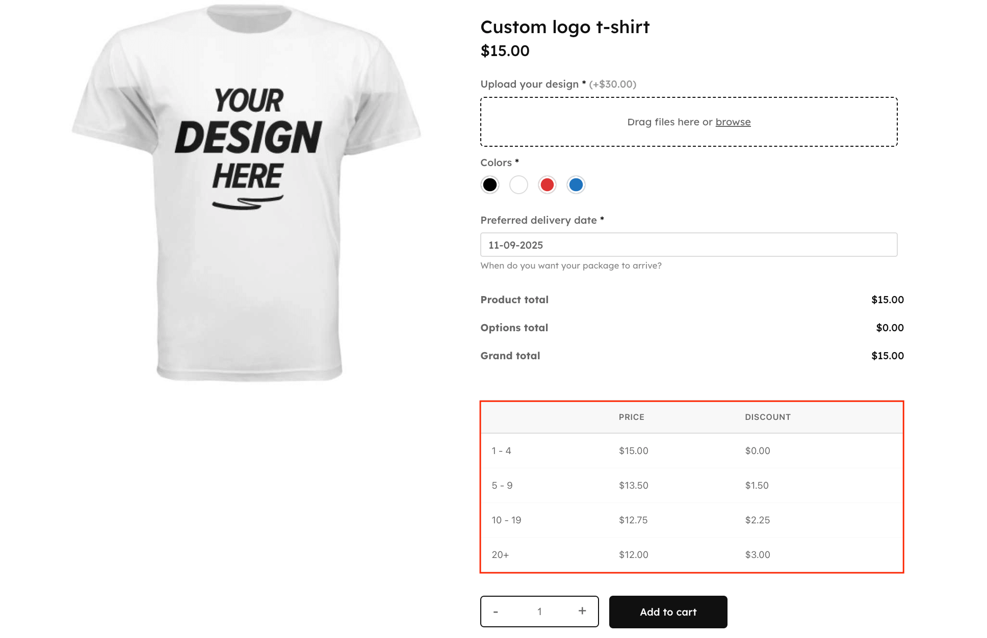 Tiered pricing table on the front end
