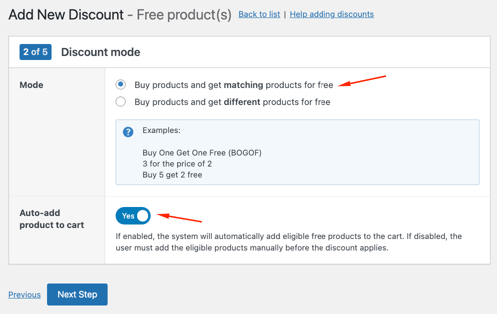 Selecting the discount mode and auto-add settings