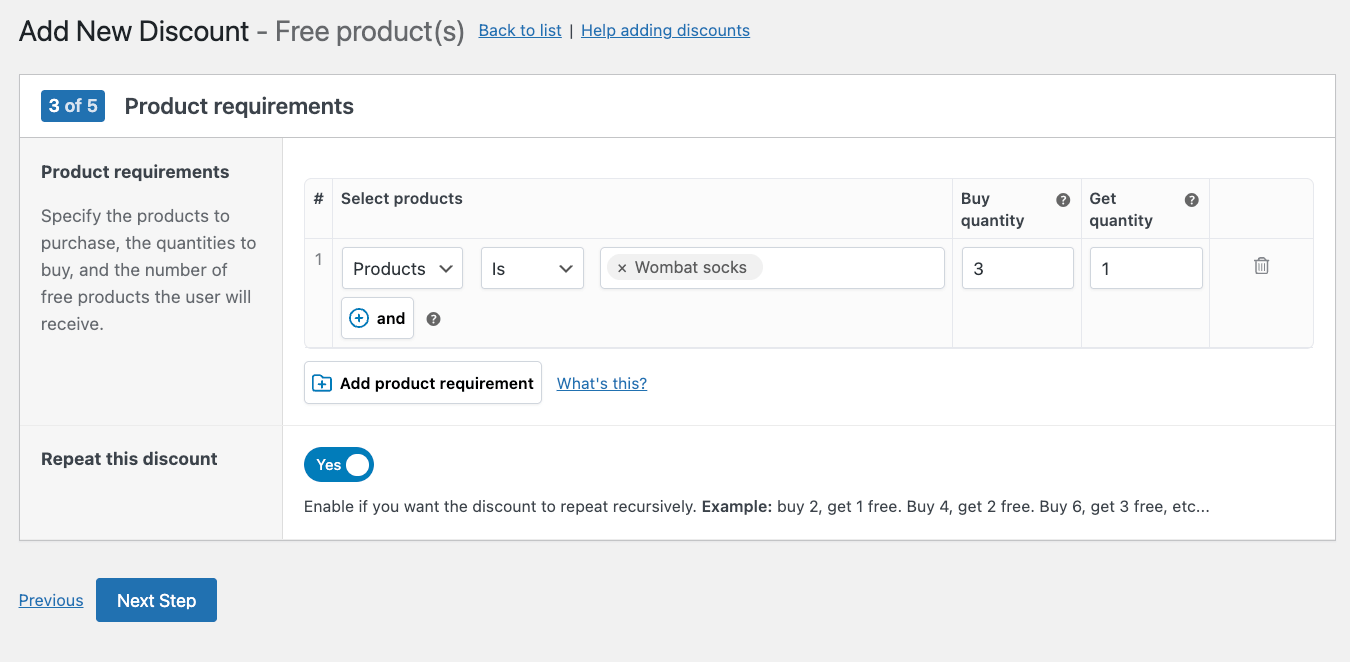 Choosing the qualifying product and adjusting the “Buy” and “Get” quantities