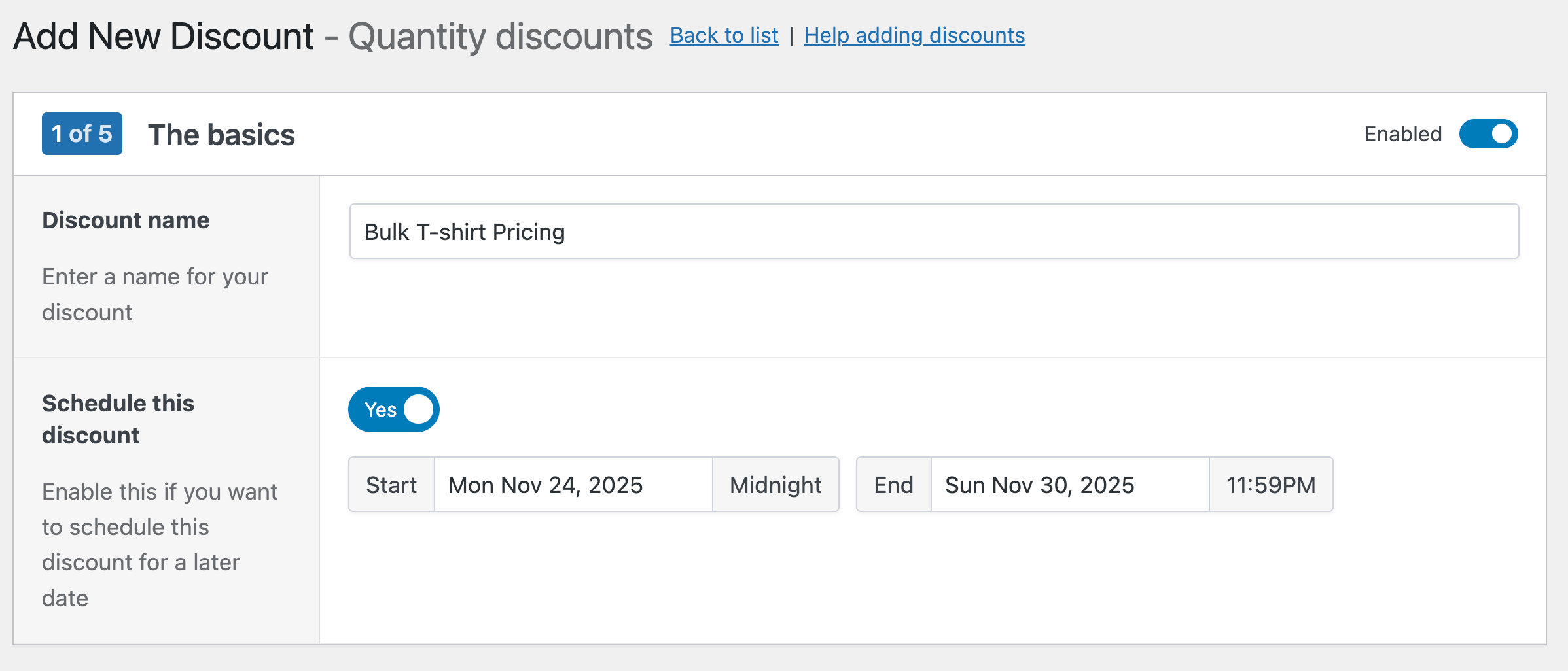 Discount name and scheduled period