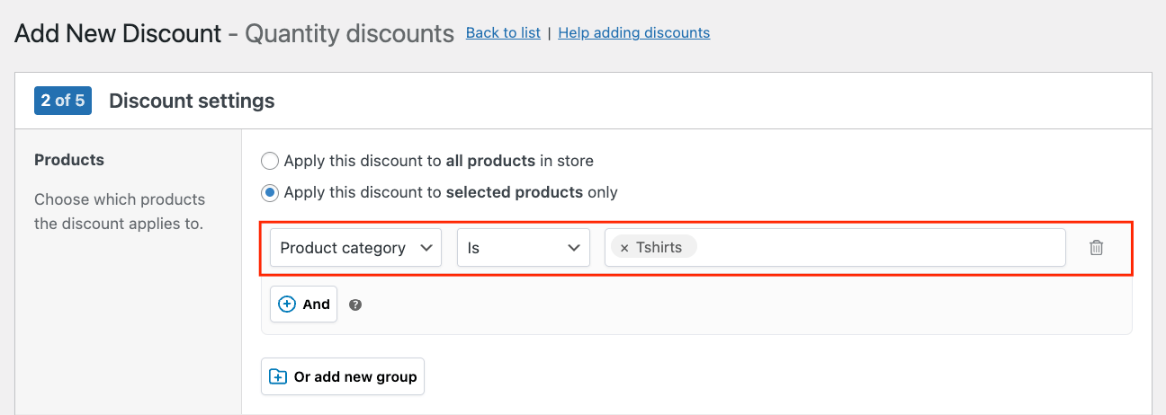 Choosing the product category for the bulk discount