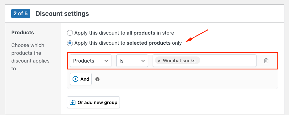 Discount settings – choosing the products