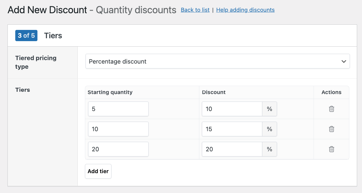 Adding the pricing tiers for a bulk discount
