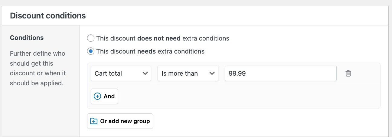 Setting a cart total condition for a discount to apply