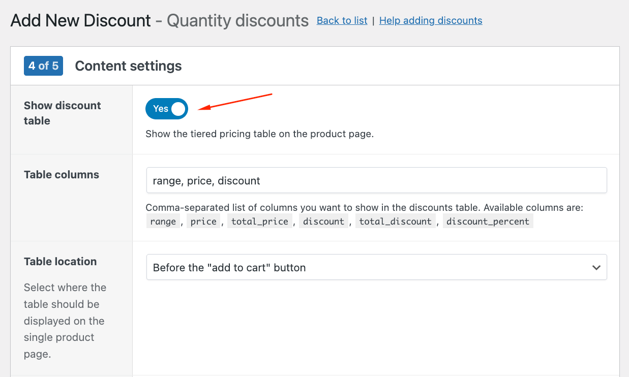 Pricing table settings
