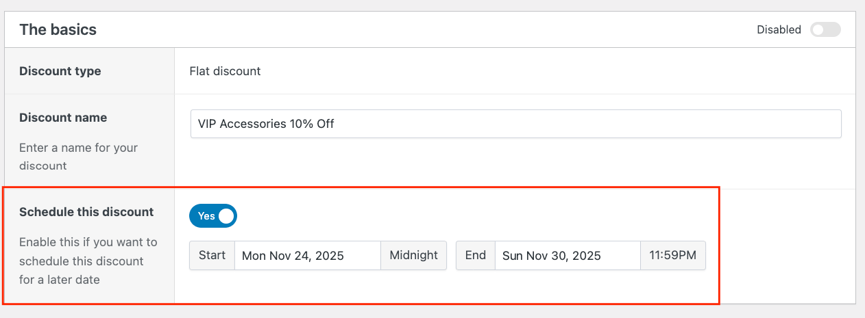 Scheduling a discount for a specific period of time