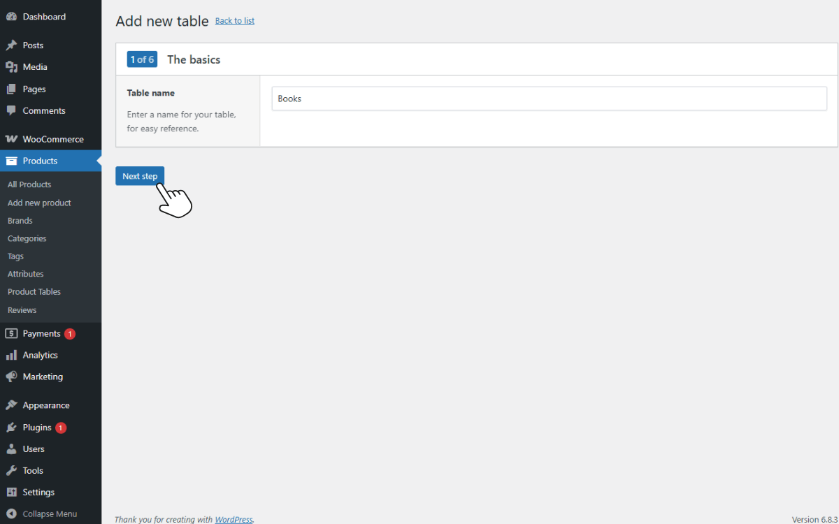 create books woocommerce product table