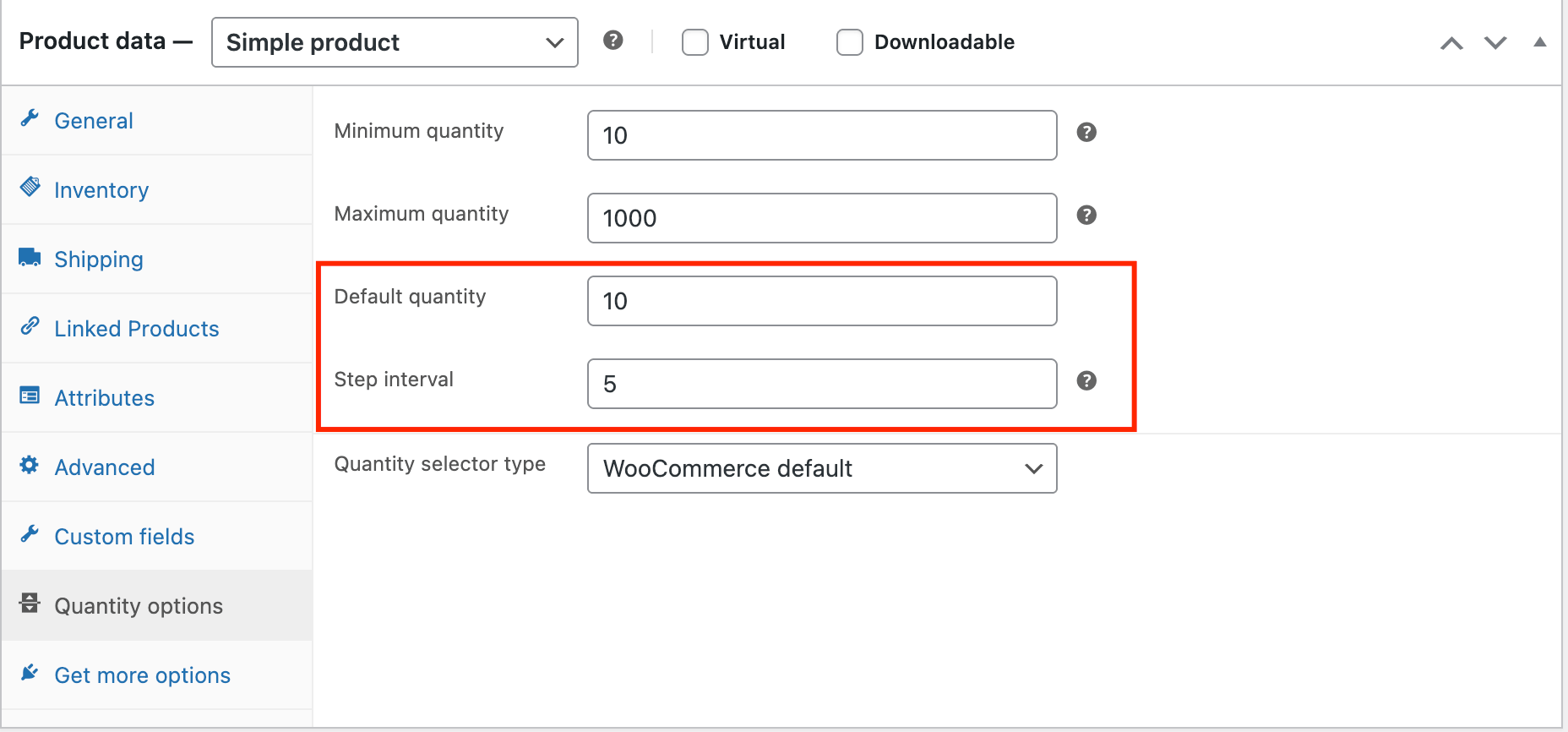 Adding the default quantity and step interval