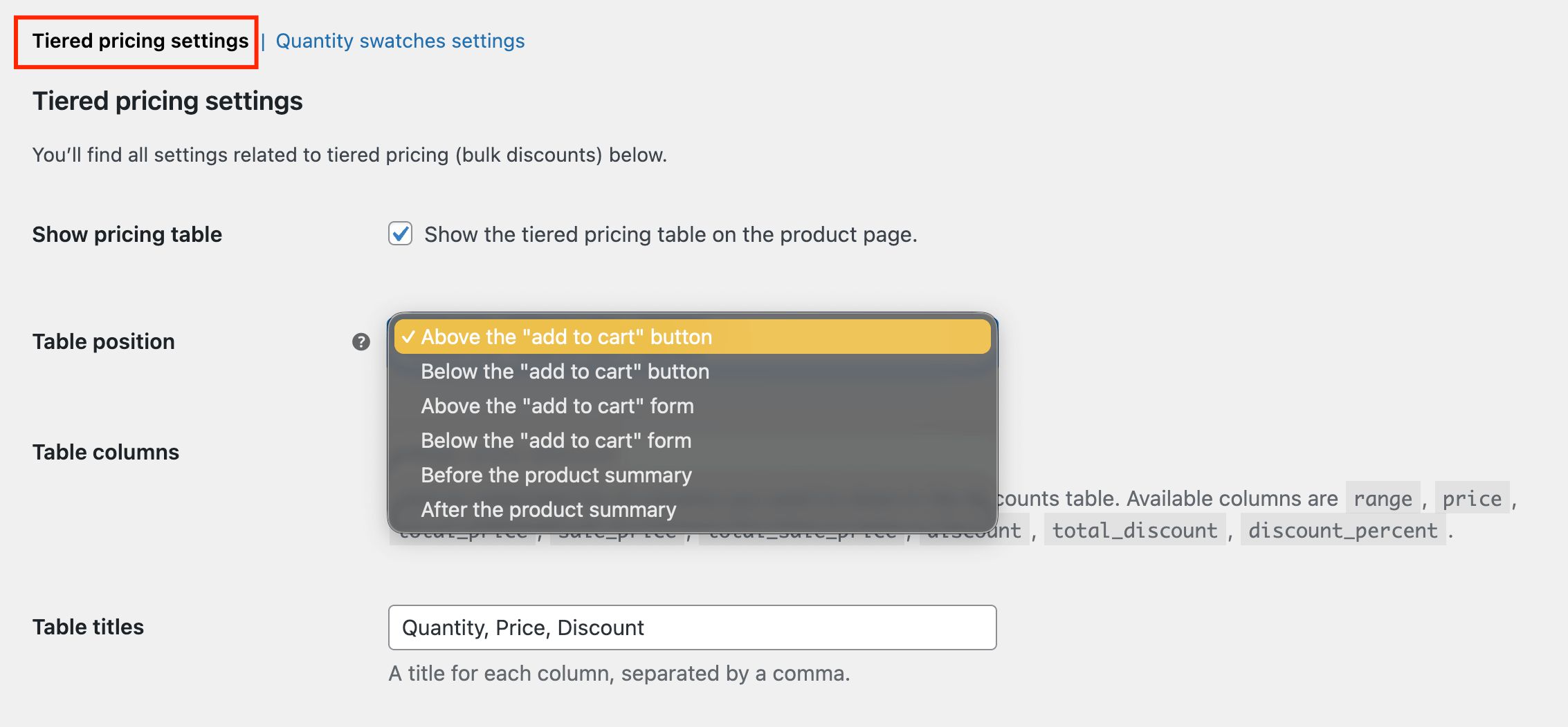 Changing the location of the pricing table