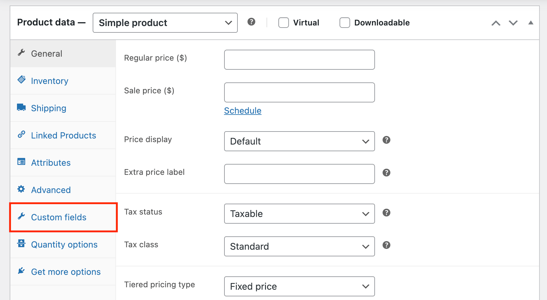 Custom fields tab in Product data 