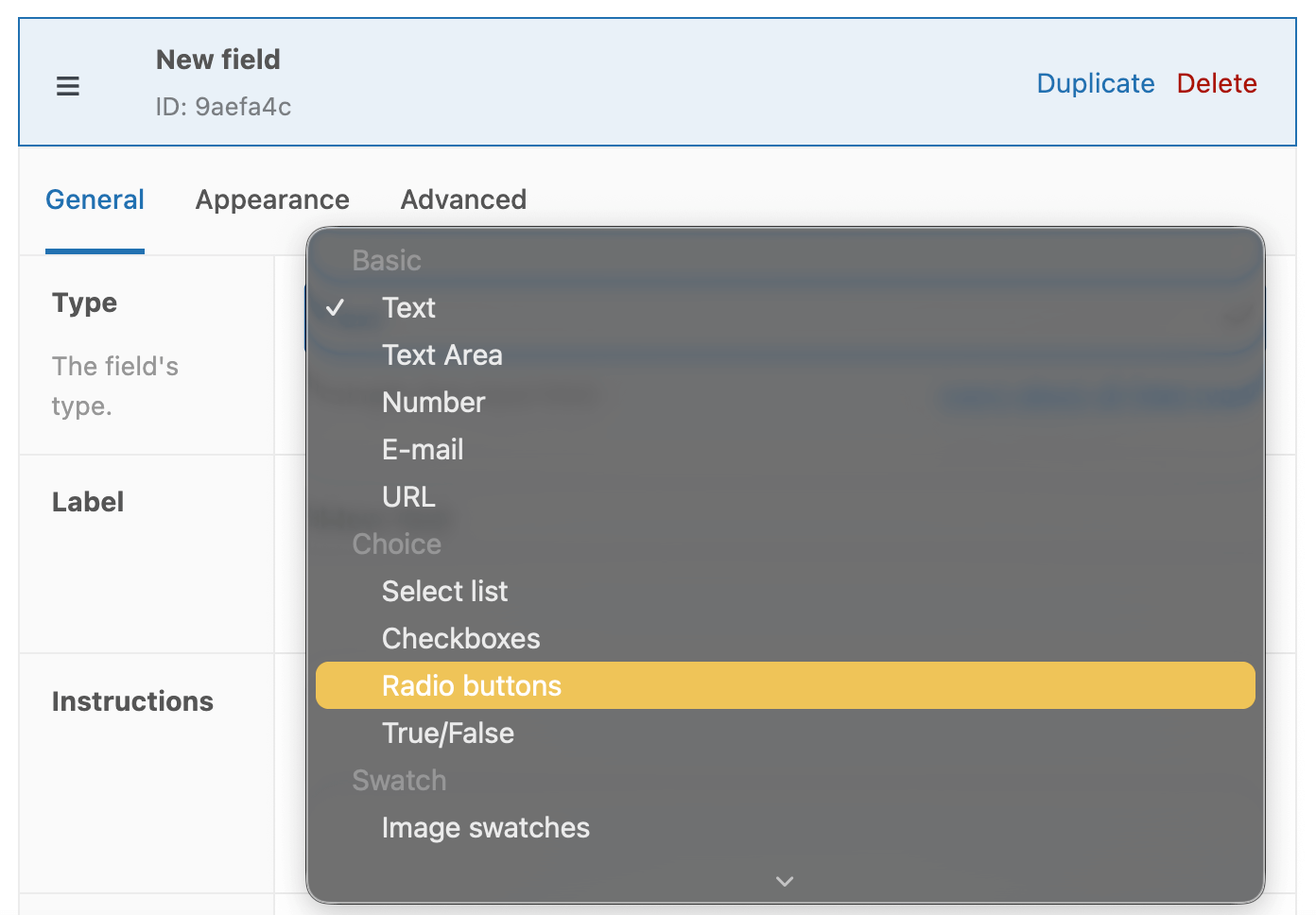 Choosing the Radio buttons product field type