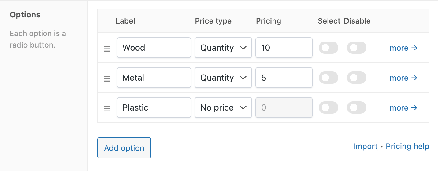 Adding the different options for the radio buttons field