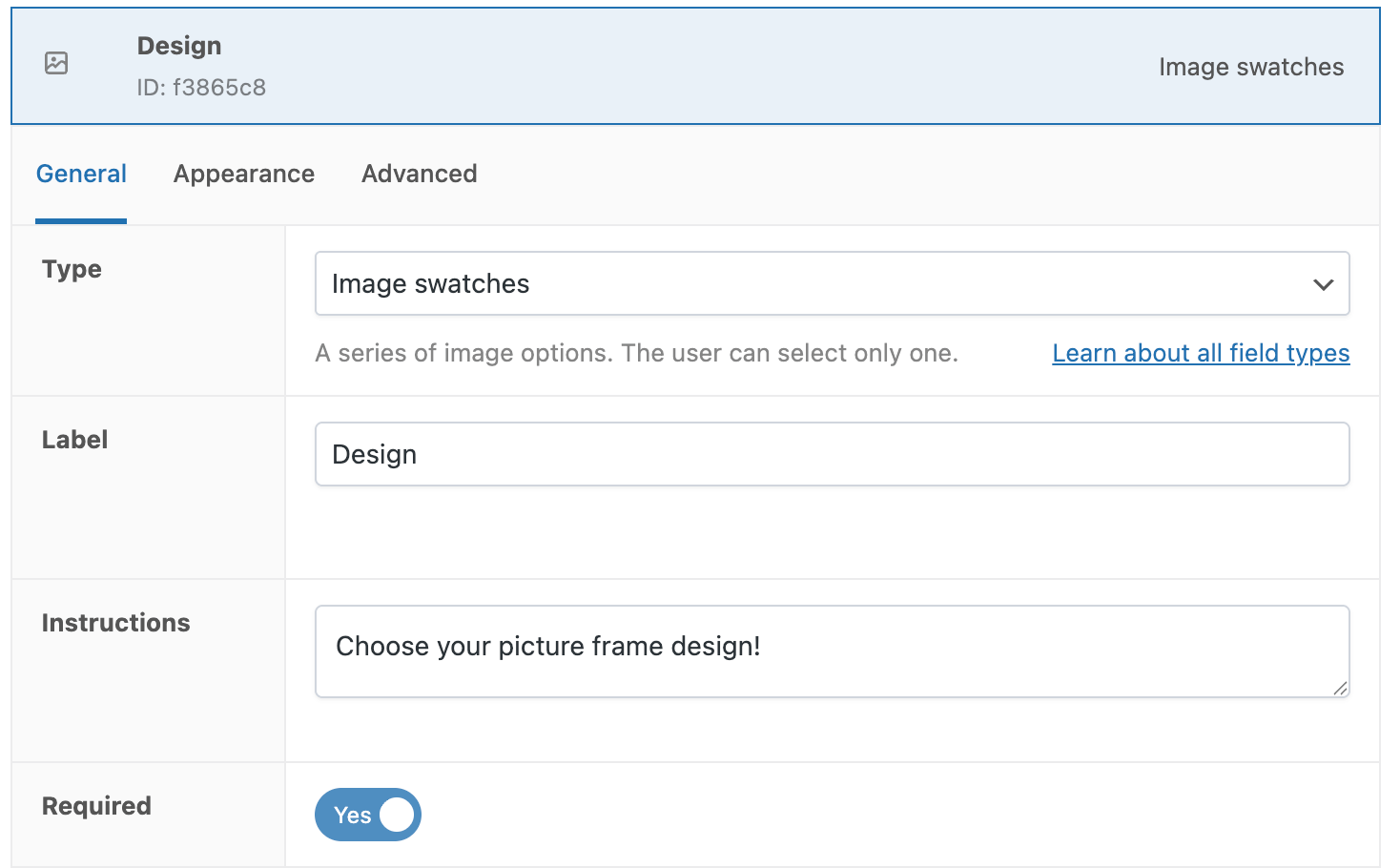 Adding a label and instructions for an Image swatches field