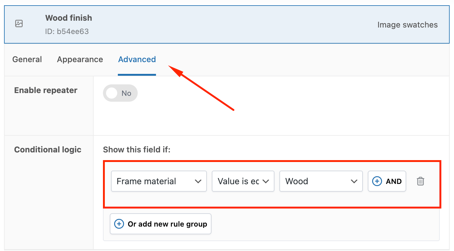 Adding a conditional rule to a product field