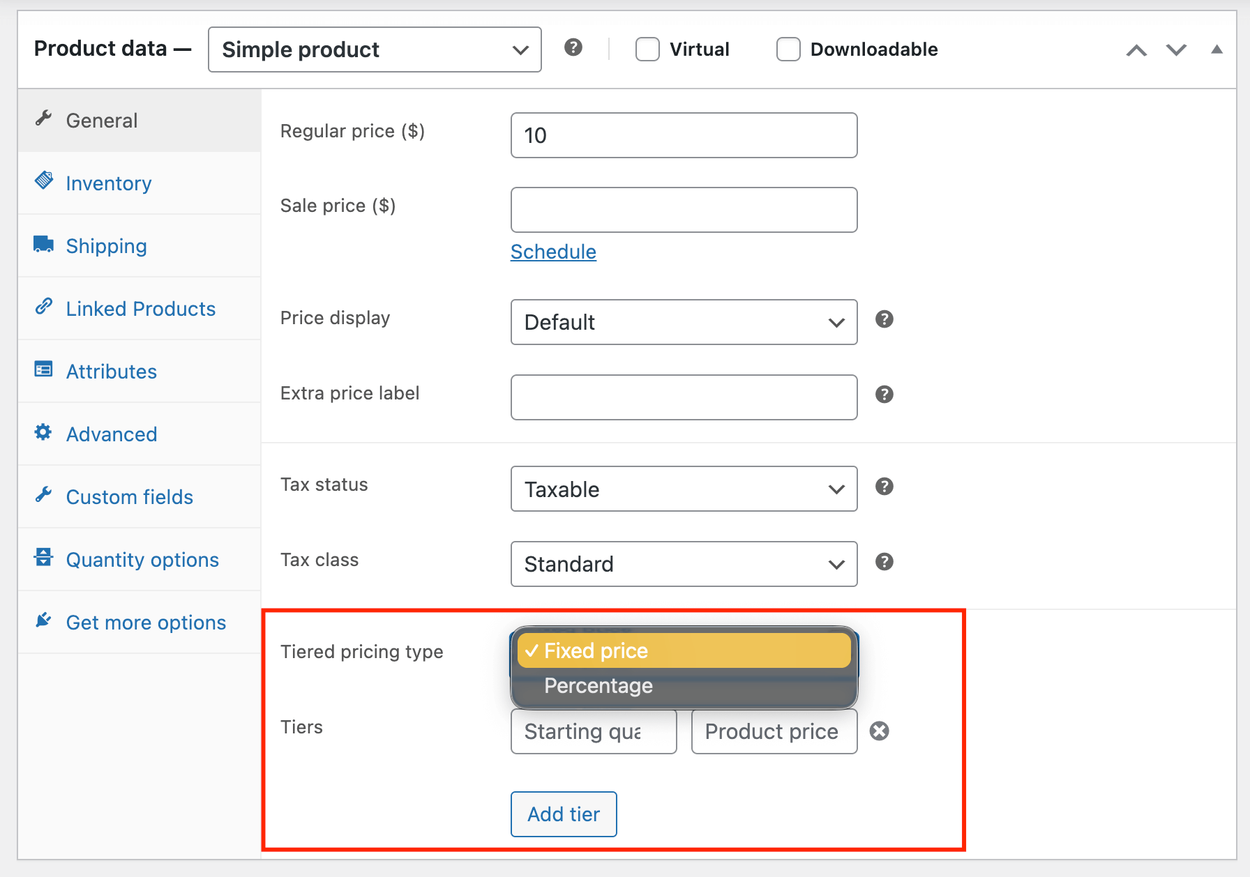 Choosing the tiered discount type: fixed price or percentage