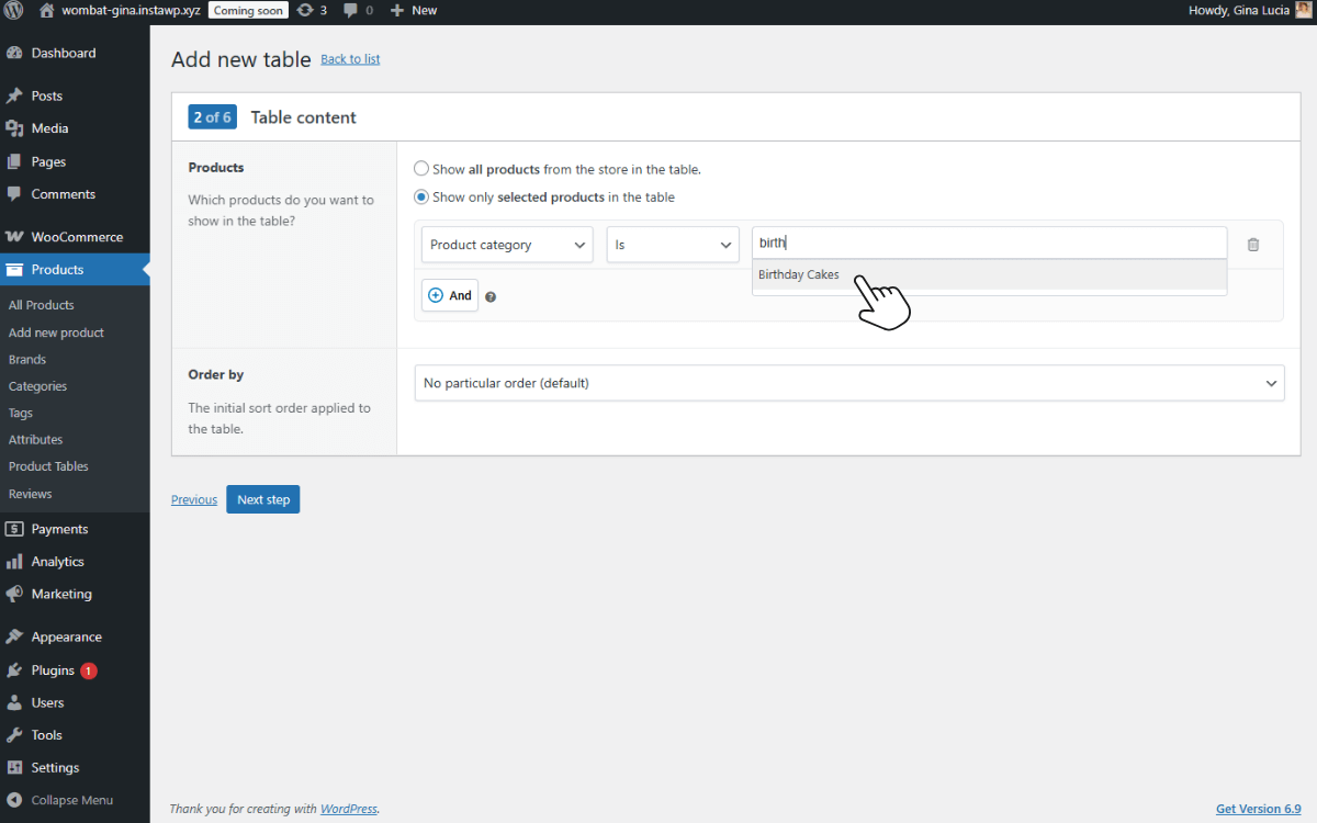 cake order form products