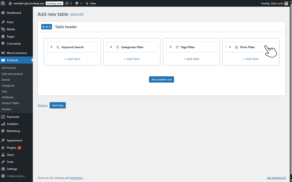 product table filters