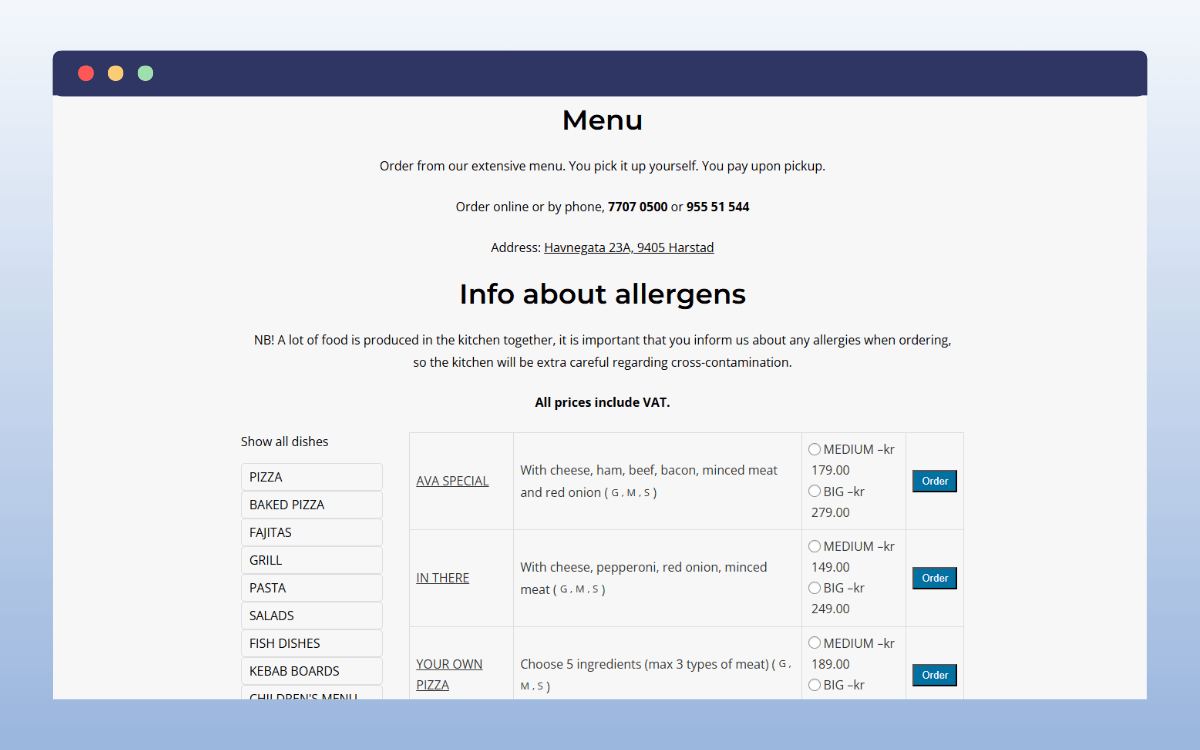 restaurant order form