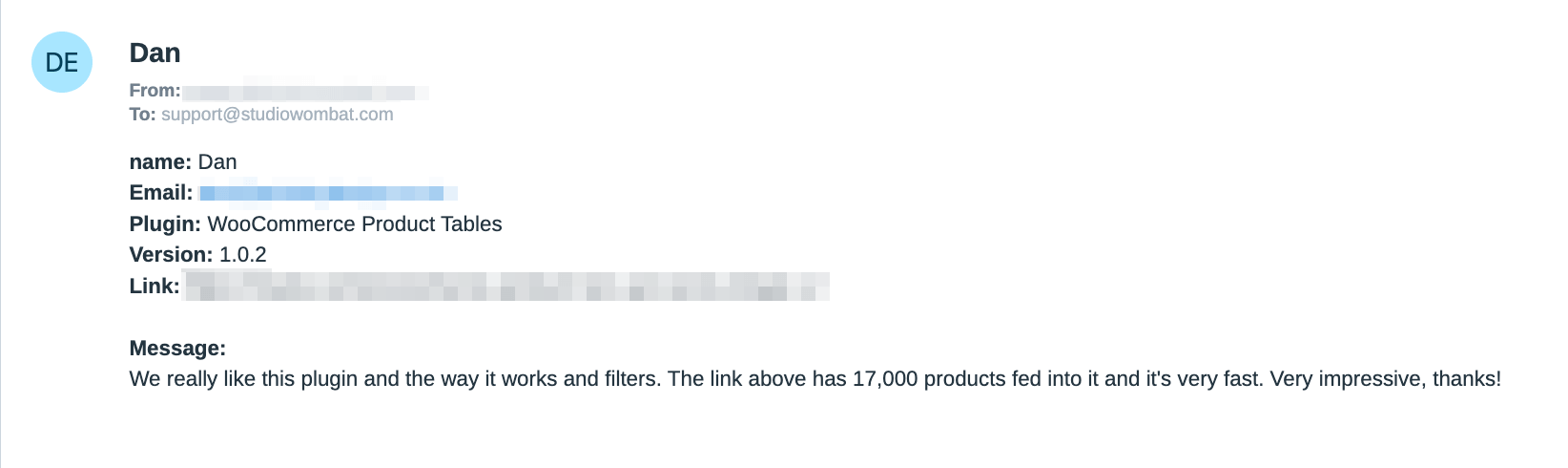 A Wombat Plugins customer has a glowing review of our WooCommerce Product Tables plugin