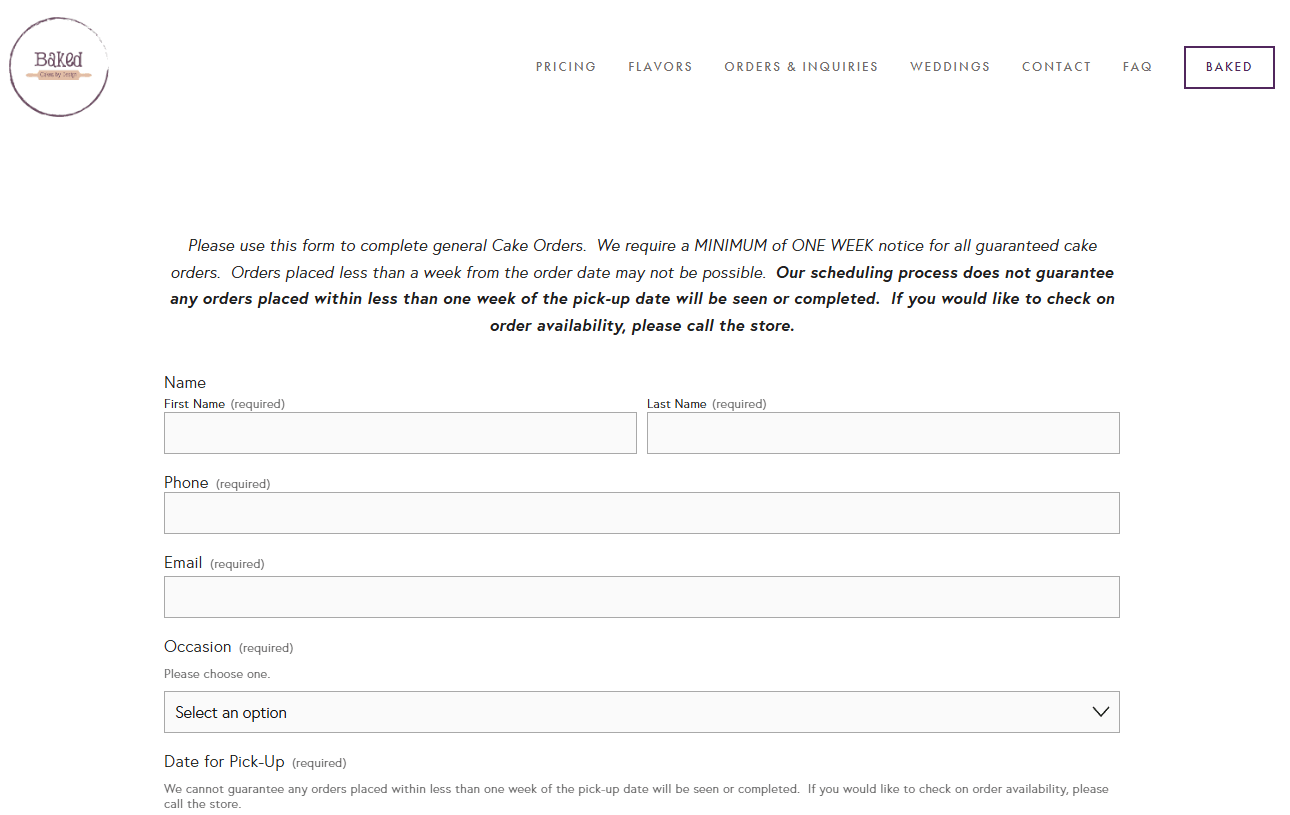 baked online order form