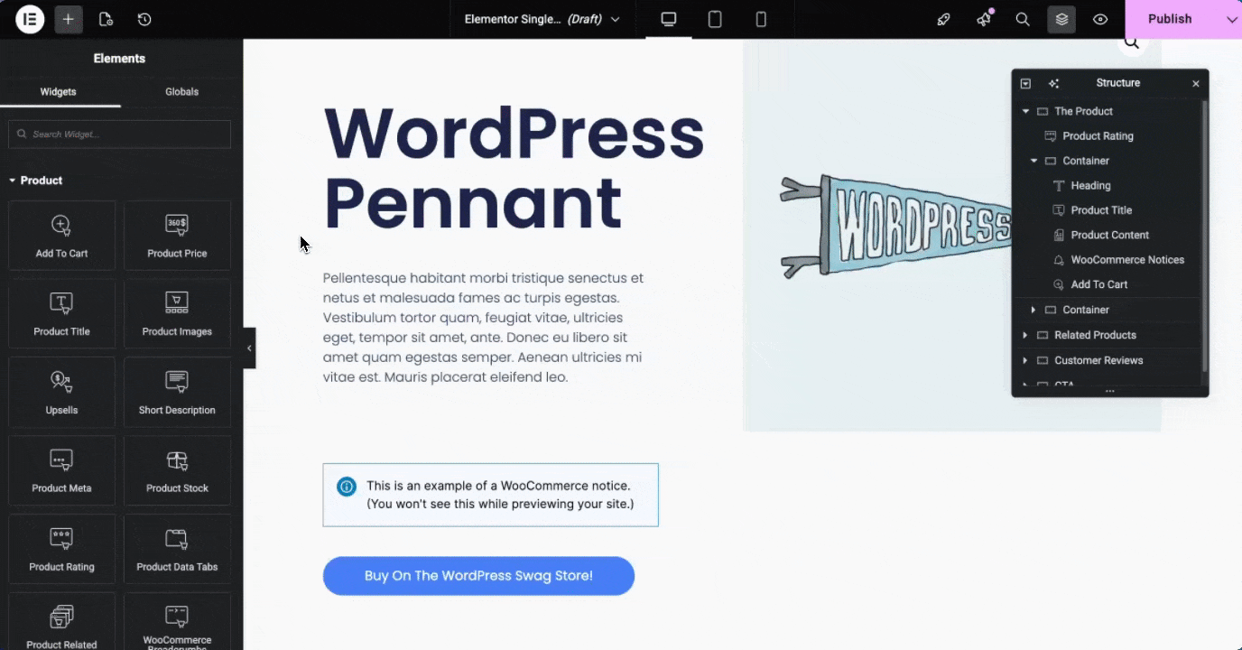 Dragging and dropping the Product Price element to a product page and then changing the color and font