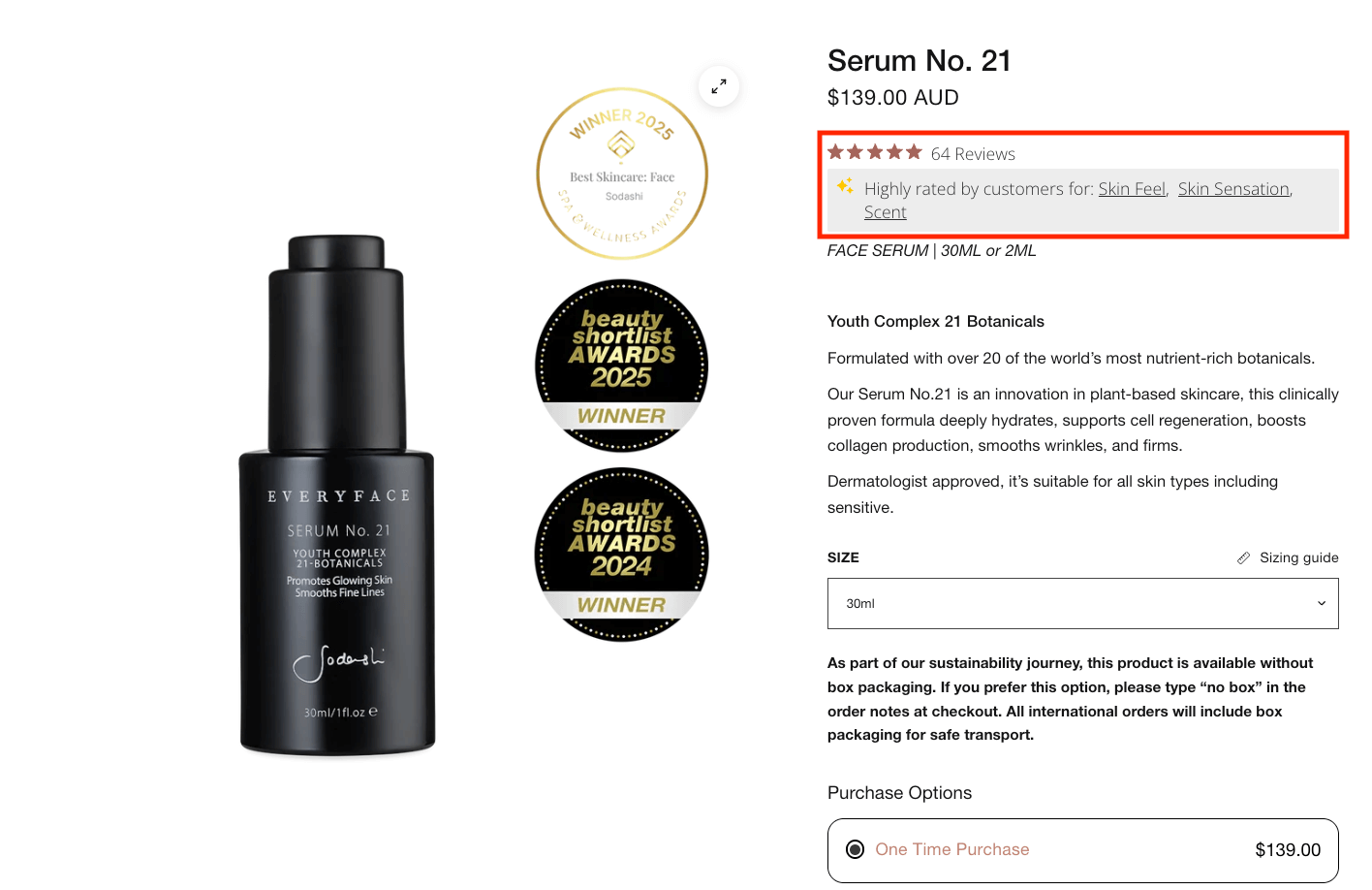 Example of a product page with prominent star review element
