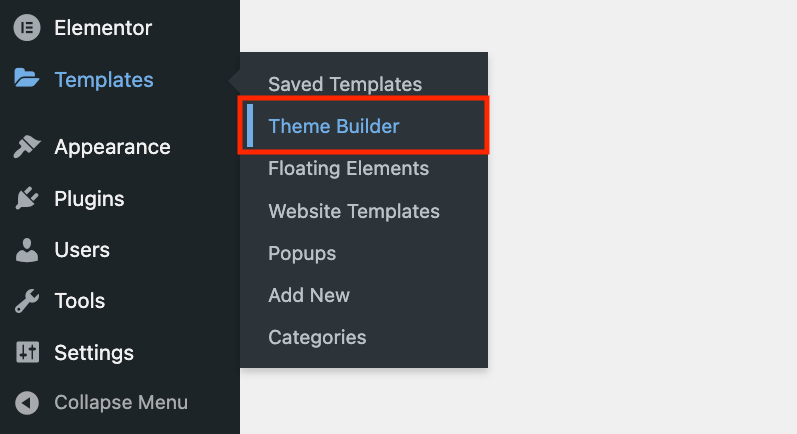 Templates → Theme Builder path in WordPress