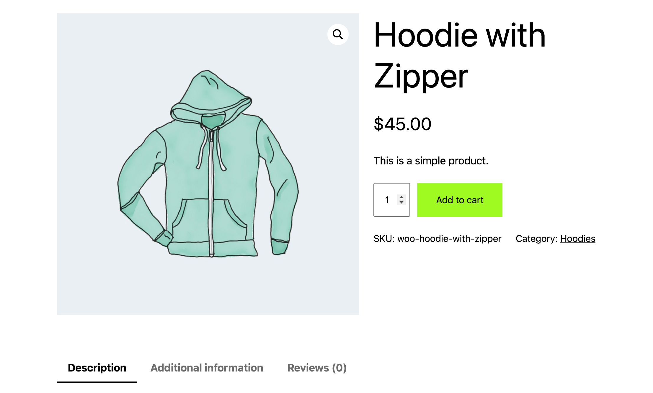 Example of a default WooCommerce product page