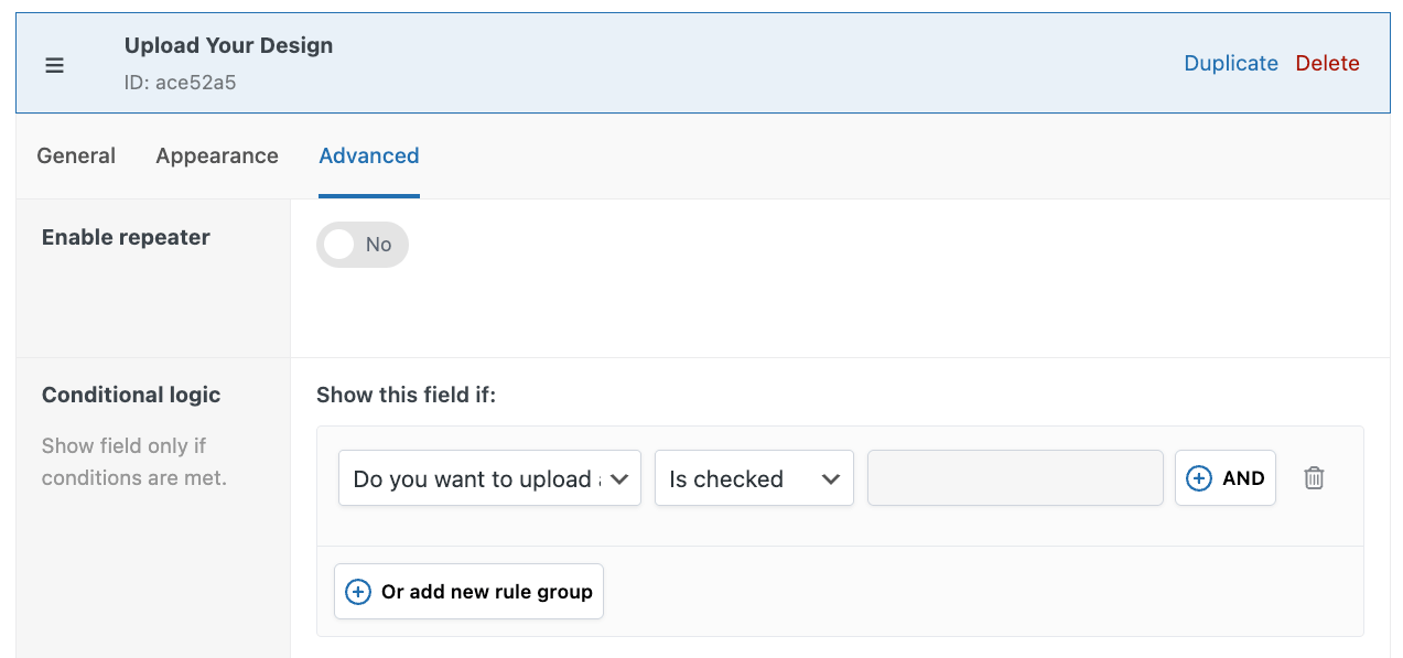 Advanced field settings and conditional logic rules between fields