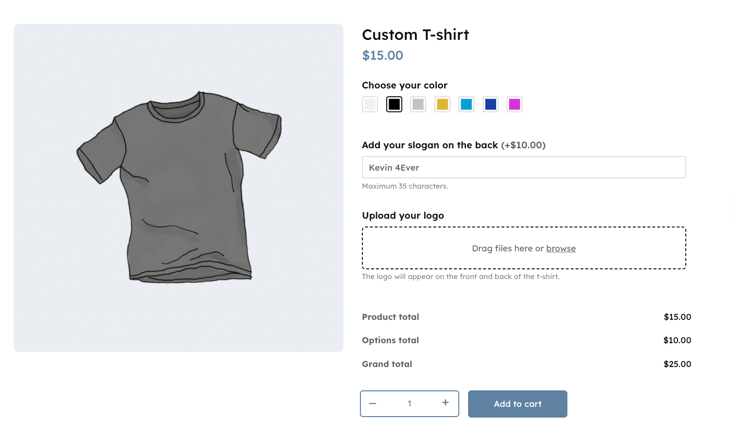 Customizable T-shirt product with a file upload field, as well as color swatches and a text box field