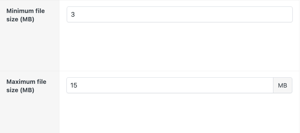 File upload max and min size allowed