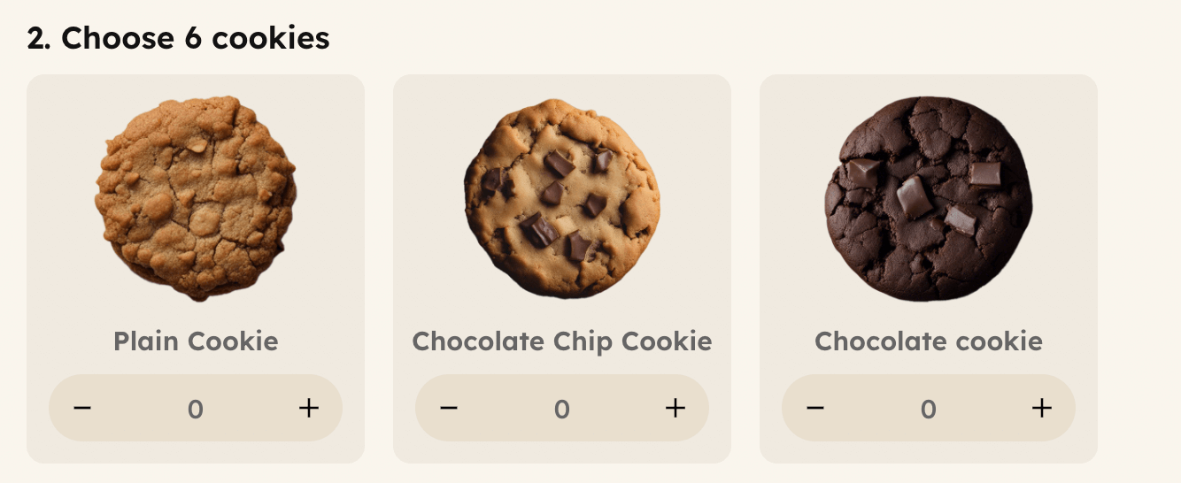 Quantity selectors with plus-minus buttons
