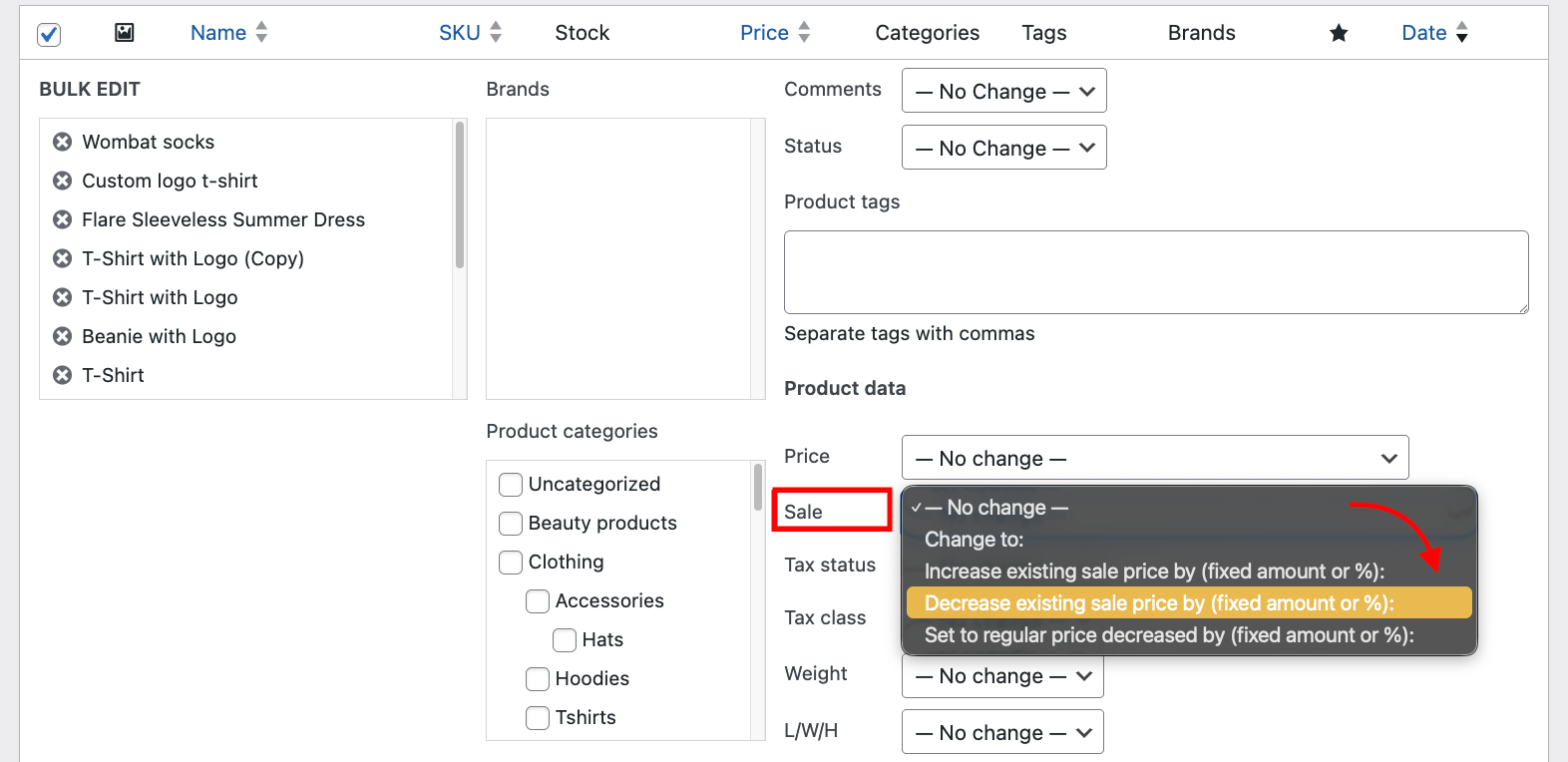 Select sale price change type